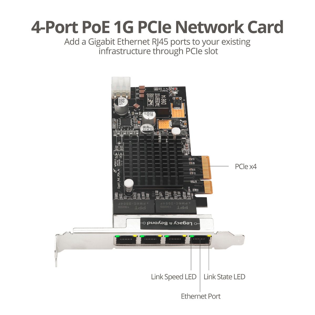 4-Port Gigabit Ethernet with PoE PCIe Card - Intel I350