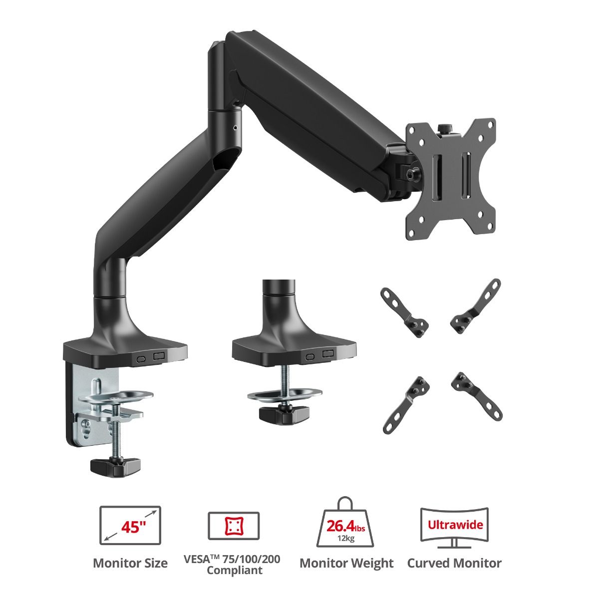 Single 45 inch Mechanical Spring Monitor Arm Desk Mount 26.4 lbs, Fits 17" to 45" Screen, Max Load 26.4 lbs, VESA 75/100/200 Compatible, Black