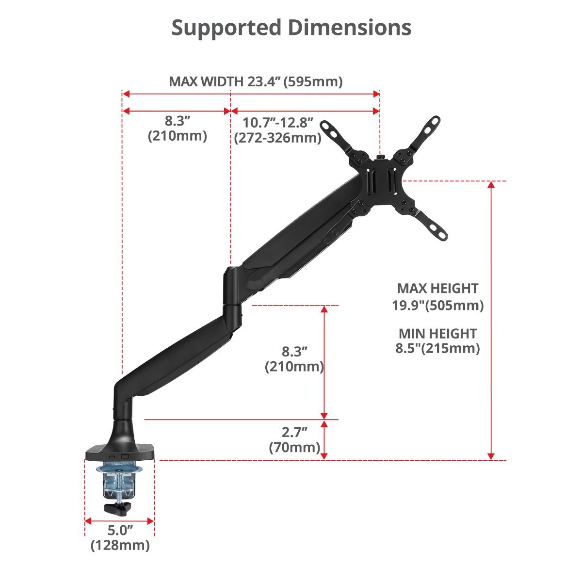 Single 45 inch Mechanical Spring Monitor Arm Desk Mount 26.4 lbs, Fits 17" to 45" Screen, Max Load 26.4 lbs, VESA 75/100/200 Compatible, Black