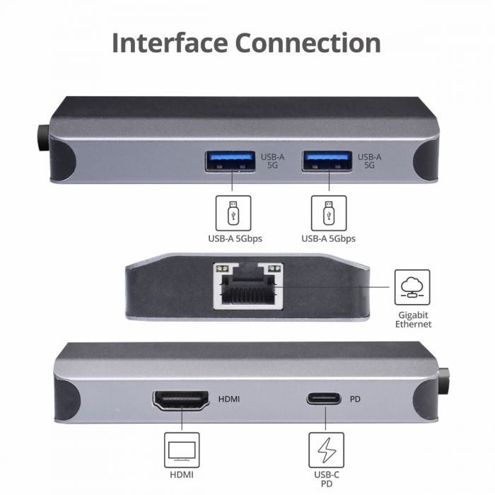 USB-C to HDMI with LAN Hub & PD Charging Adapter, HDMI 4K@30Hz, two USB-A 5Gbps, GbE, PD100W