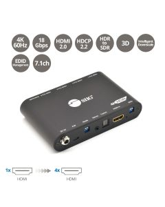 1x4 Splitter with Built-in & User Adjustable EDID Management, Audio Extractor and HDR to SDR Conversion