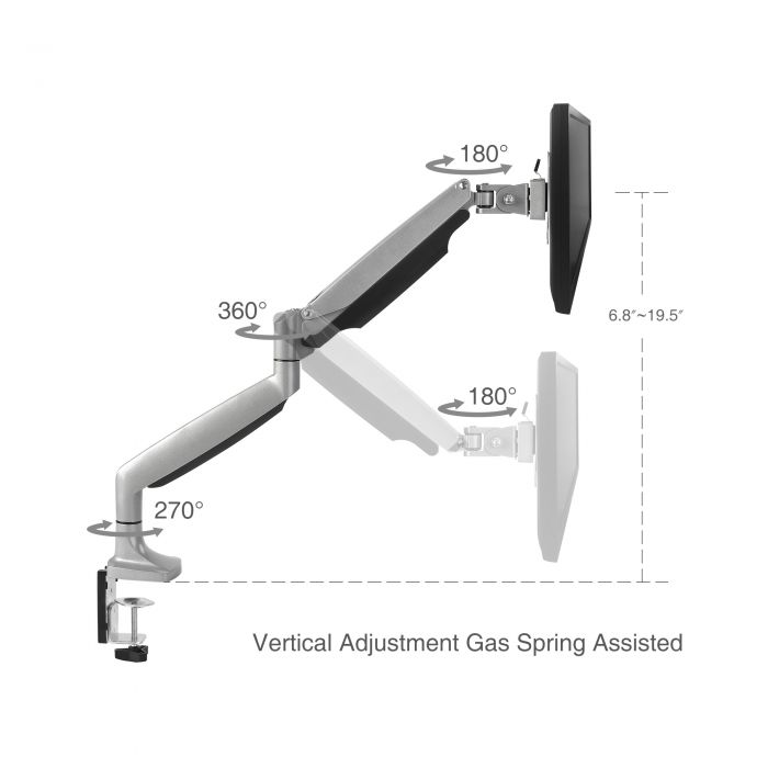 High Premium Aluminum Gas Spring Desk Mount - Single Monitor, Fits