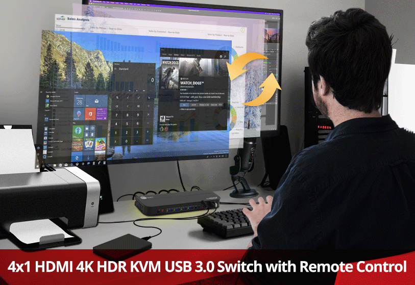 4x1 HDMI 4K HDR KVM USB 3.0 Switch with Remote Control