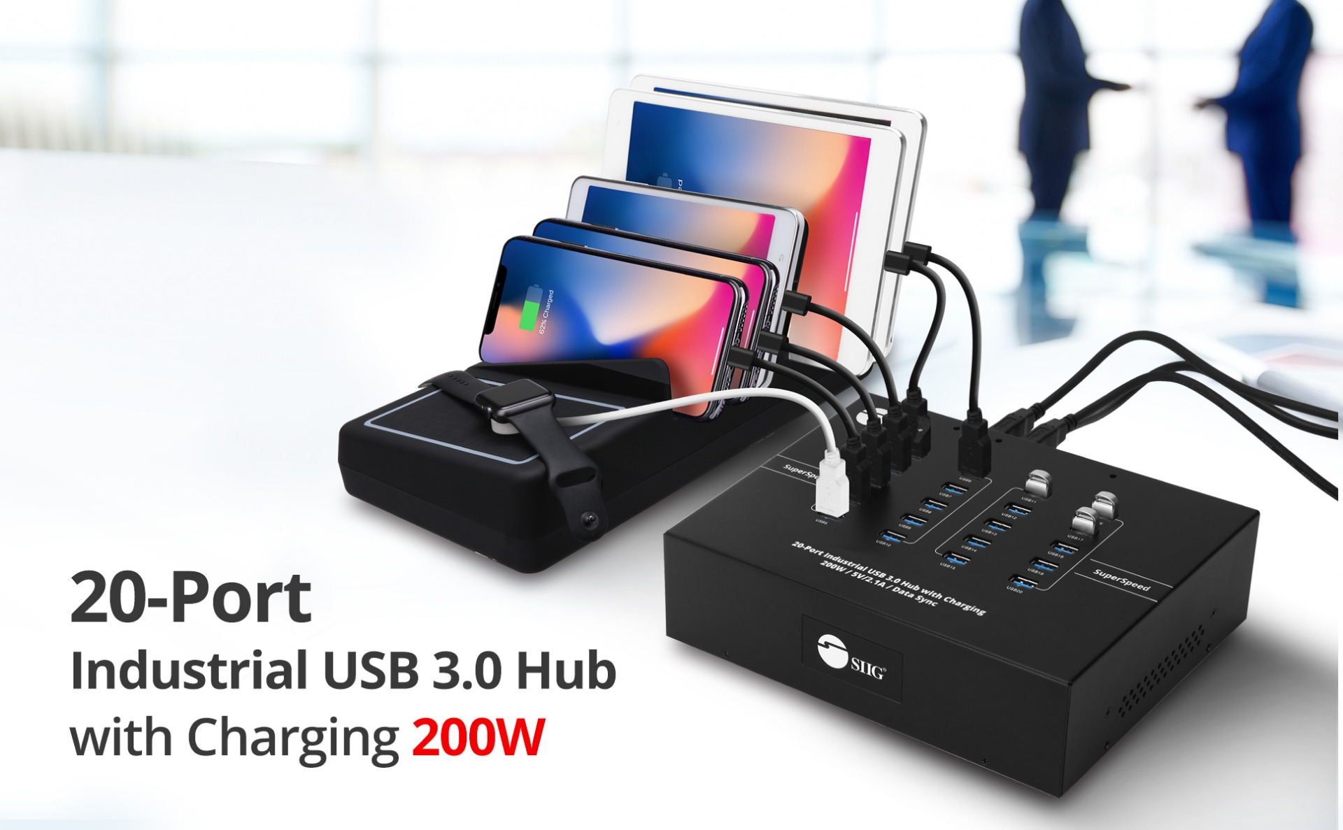 20-Port Industrial USB 3.0 Hub with Charging